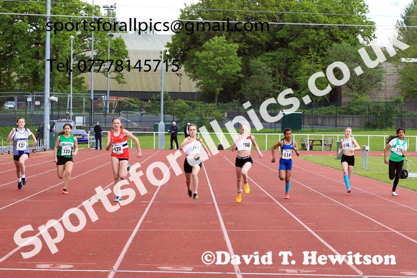 Girls Under-13s 100 metres, 2023 North Eastern Track and Field Champs., Middlesbrough Sports Village, Middlesbrough. Photo: David T. Hewitson/Sports for All Pics